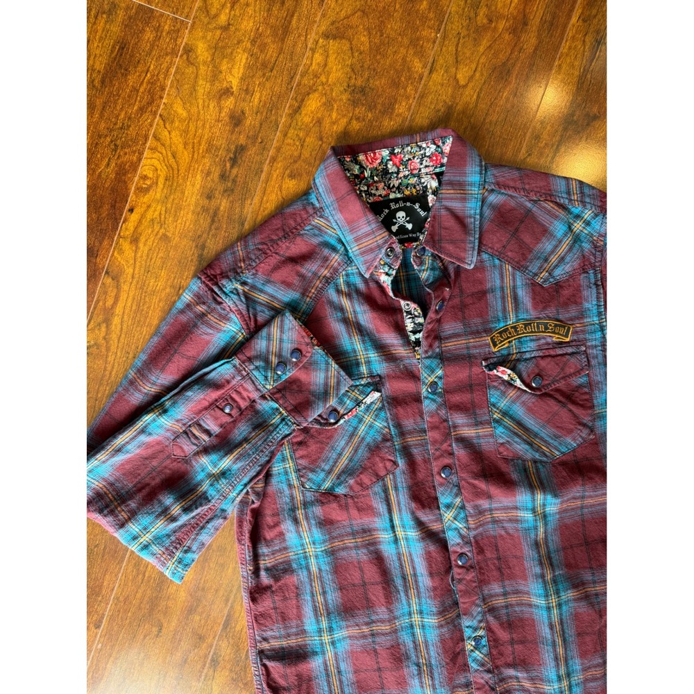 Rock Roll n Soul Mens Burgundy Teal Plaid Floral Western Snap Shirt Size M